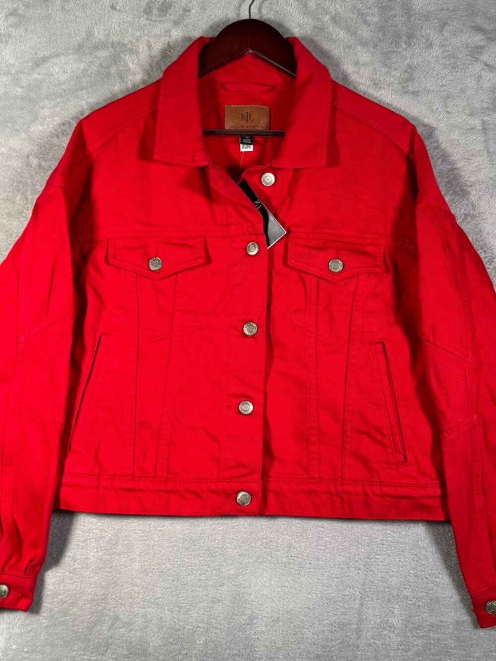 Lauren Ralph Lauren Denim Jacket Womens L Red Wedge Jean Trucker $185